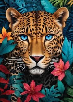 a painting of a leopard with blue eyes surrounded by tropical leaves and flowers on a black background