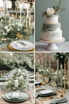 the table is set with candles, plates and napkins for an elegant wedding reception