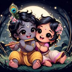 two little kids sitting next to each other in front of a full moon with a flute