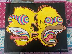 a painting of two yellow faces with different colored eyes and mouth shapes on a black background