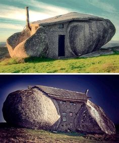 two pictures side by side one with a rock and the other with a house on it