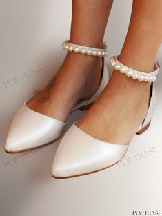 Elegant Pearls Ankle Strap Wedding Shoes Flat Summer Wedding Shoes For Bridesmaids, Flat Wedding Shoes For Bridal Shower In Spring, Summer Wedding Flats With Round Toe, Summer Flat Heel Bridesmaid Wedding Shoes, Summer Wedding Shoes With Flat Heel For Bridesmaids, Summer Bridesmaid Wedding Shoes With Flat Heel, Elegant Open Toe Wedding Flats, Elegant Open Toe Flats For Wedding, White Open Toe Formal Flats