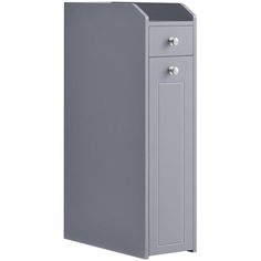 a gray cabinet with two doors and one drawer on the bottom floor, in front of a white background