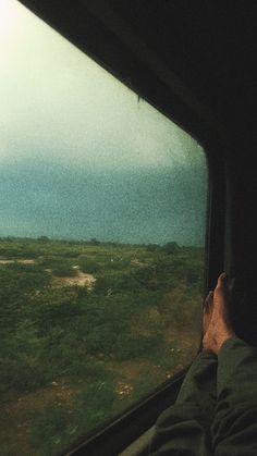 a man is looking out the window of a train at an open field with green grass