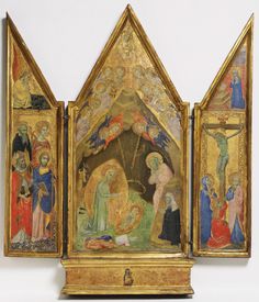 an ornately decorated wall hanging with paintings on it's sides, depicting the birth of jesus