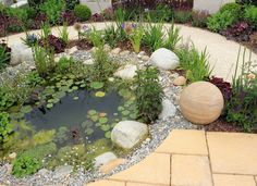 a pond surrounded by rocks and plants in a garden