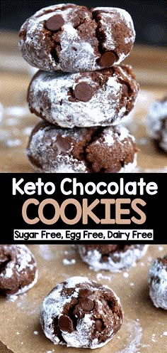 keto chocolate fudge cookies stacked on top of each other with powdered sugar