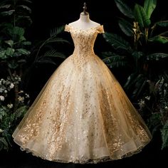 Gold Ball Gown Tulle with Lace Applique Formal Dress Ball Gown Vintage, Ball Gowns Vintage, Prom Dress Ball Gown, Quinceanera Dresses Gold, Off Shoulder Ball Gown, Gold Tulle, 2021 Prom Dresses, Gown Vintage, Formal Ball Gown