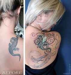 before and after photos of a woman's back tattoo