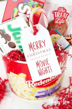 a christmas movie night gift basket with candy