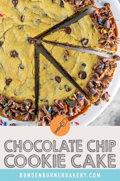 a chocolate chip cookie cake on a white plate with sprinkles and chocolate chips