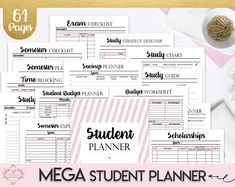 the mega student planner is shown on top of a table with flowers and other items