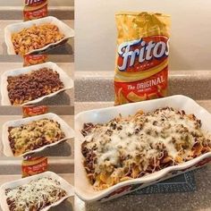 four images show different types of food in baking pans, including lasagna casserole and pasta sauce