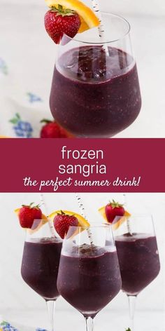 three glasses filled with frozen sangria and garnished with strawberries, lemons, and orange slices