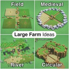 four different types of farm buildings in the middle of three pictures, with text overlaying them