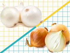 two onions and an onion on a cutting board with a yellow line in the background