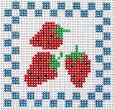 a cross stitch pattern with three strawberries on it