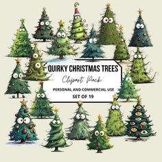 a group of christmas trees with googly eyes on them and the words quirky christmas trees clipart pack