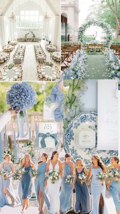 the bridesmaids are dressed in blue and white for their big day at the wedding