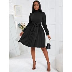 -Item Id 7172892 -Color: Black -Style: Elegant -Pattern Type: Plain -Details: Belted, Pleated -Neckline: Stand Collar -Sleeve Length: Long Sleeve -Type: A Line -Sleeve Type: Flounce Sleeve -Waist Line: High Waist -Hem Shaped: Pleated -Length: Short -Fit Type: Regular Fit -Fabric: Slight Stretch -Material: Fabric -Composition: 95% Polyester, 5% Elastane -Care Instructions: Machine Wash Or Professional Dry Clean -Body: Unlined -Belt: Yes -Sheer: No **Open To Offers!!!** **Bundle To Save More** **3 Clean Body, Flounce Sleeve, Belted Dress, Stand Collar, Graduation Dress, Black Fashion, Dresser, Types Of Sleeves, Going Out