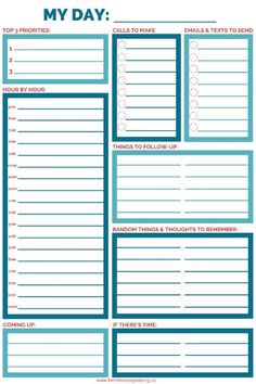 a printable daily planner with the words'my day'in blue and white