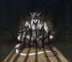 a demon sitting on the ground with his shadow