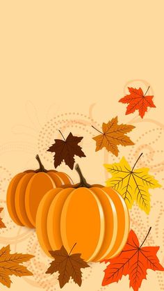 three orange pumpkins surrounded by leaves on a beige background with swirly design in the middle