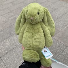 a person holding a green stuffed animal in their hand