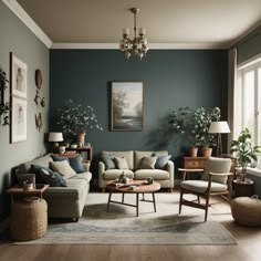 a living room with green walls and furniture