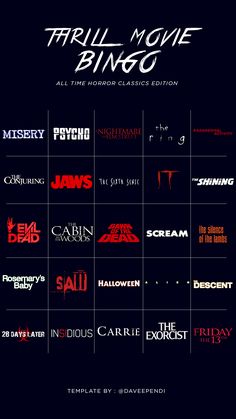 the movie poster for friday's horror movies, with all their titles in red and black