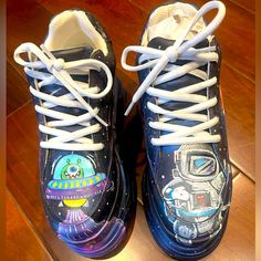 Spaced Out Platform, Tennis Shoes, Hand Painted By Dolls Kill Worn Only Twice In Great Condition. Size 6. Platform Tennis Shoes, Platform Tennis, Dolls Kill Shoes, Dolls Kill, Tennis Shoes, Blue Purple, Womens Shoes Sneakers, Blue And Purple, Tennis