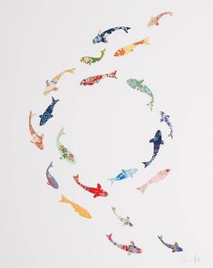 an image of fish in the shape of a circle on a white background with watercolors