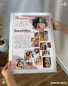 a person holding up a birthday card with photos on it and the words happy birthday