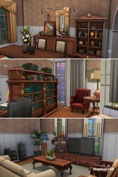 three different views of a living room with furniture and bookshelves in the middle