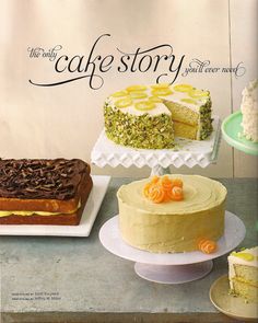 an advertisement for the cake story with cakes on plates and two cakes on trays