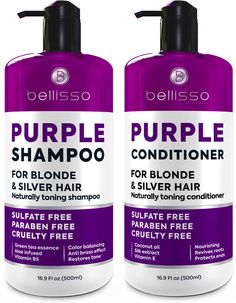 PRICES MAY VARY. GOODBYE BRASSY: Make brassy orange and yellow discolorations a thing of the past with Bellisso’s purple shampoo and conditioner set; Our toner for blonde hair restores even color tone for both men and women; Achieve a more natural looking appearance with this blonde shampoo and conditioner GRAY, SILVER AND BLONDE: Go beyond a blonde hair toner treatment with a color balancing solution that also works on silver, gray and naturally white hair; Bellisso’s conditioner and silver sha Toner For Bleached Hair, Silver Hair Shampoo, Toner For Blonde Hair, Purple Shampoo For Blondes, Blonde Silver, Baking Soda For Hair, Purple Conditioner, Shampoo For Gray Hair, Purple Shampoo And Conditioner