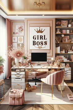 a pink and gold desk with a computer on it in front of a large poster