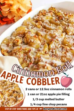 an advertisement for cinnamon roll apple cobbler