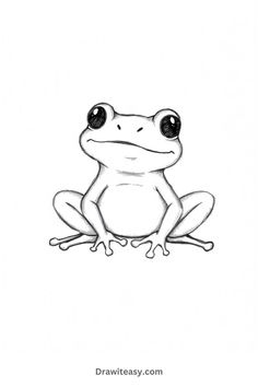 A simple black and white drawing of a frog sitting with wide, round eyes and a calm expression, showcasing a minimalist style with clean lines. Cartoon Frog Tattoo Ideas, Easy Illustration Art Simple, Cute Easy Frog Drawing, Rainforest Drawing Simple, Cute Frog Outline, Simple Animals To Draw, Cute Eyes Drawing Cartoon, Frog Sketch Easy, Draw Frog Easy