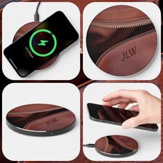 four different images show the inside of a purse and how to use it for charging