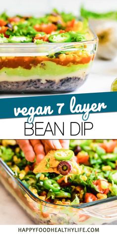 vegan 7 layer bean dip in a casserole dish with text overlay