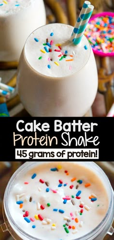 cake batter protein shake with sprinkles on top