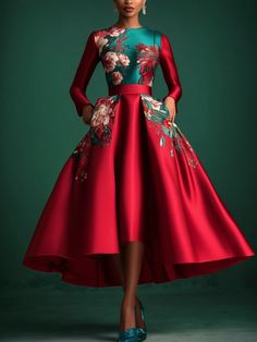 Elegant Floral Printing Party Dress With Pockets Womans Christmas Dress, Eccentric Chic Fashion, Womens Fall Dresses Wedding, Christmas Runway Fashion, Formal Christmas Gown, Elegant Long Red Dress, Tea Dresses For Women, Christmas Clothes Women, Elegant Dresses For Women Fashion