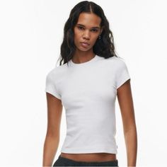 Brand New With Tags Ribbed Fitted Crew Neck Top, Fitted White Top With Ribbed Neckline, White Ribbed Fitted T-shirt, Basic Fitted Ribbed Top, Basic Ribbed Fitted Top, Fitted White Ribbed T-shirt, White Fitted Top With Ribbed Neckline, White Ribbed Crew Neck Top, Basic White Ribbed Top