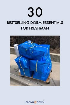 the cover of 25 best selling dorm essentials for freshman, including blue bags