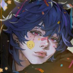 a close up of a person with confetti on their face and stars in the background