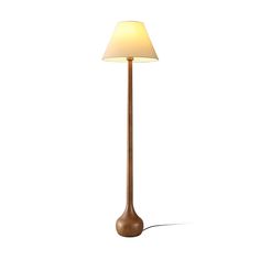 a floor lamp with a white shade on it's base and a light bulb in the middle