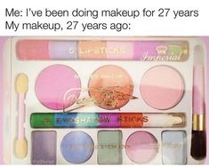 an assortment of makeup products in a plastic container with the words me i've been doing makeup for 27 years my makeup, 27 years ago