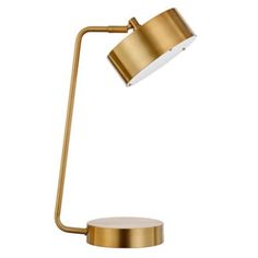 Elevate your reading nook or home office set-up with this sleek update on a mid-century design. This task lamps slender support arm is styled in an appealing blend of curves and angles, finished in golden brass. The abbreviated metal drum shade contains an integrated LED bulb and adds a playfully retro vibe to the piece, inspiring a vintage moment wherever you choose to use it. Features an integrated LED bulb. Paired with an abbreviated drum shade. Shade is made of metal. Integrated 7W 2700K LED Brass Desk Lamp, Metal Drum, Metal Lamp Shade, Geometric Lighting, Task Lamps, Outdoor Light Fixtures, Metal Table Lamps, Brass Table, Brass Table Lamps