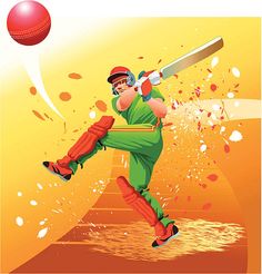 a cricket player is hitting the ball with his bat and wearing red gloves, as if he was about to hit it